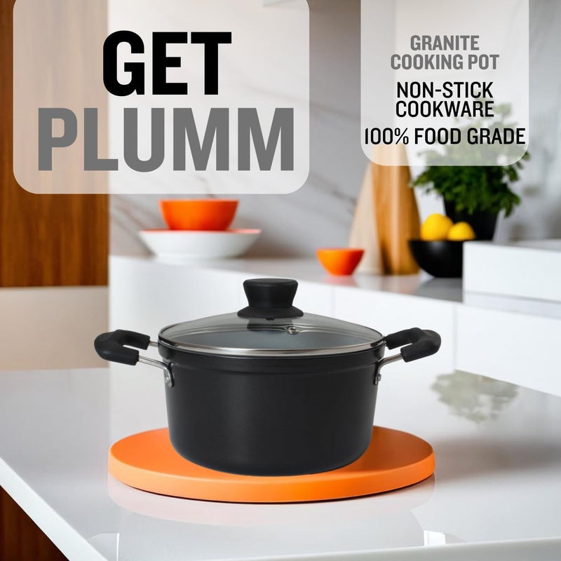 PLUMM Get Plumm Sauce Pot Cookware with Handle | Granite Stone Kadhai with Lid | Induction Base Biryani Pot Glass lid | Cool Touch Handle | Cooking Handi Pot (28 cm,Black) - Image 3