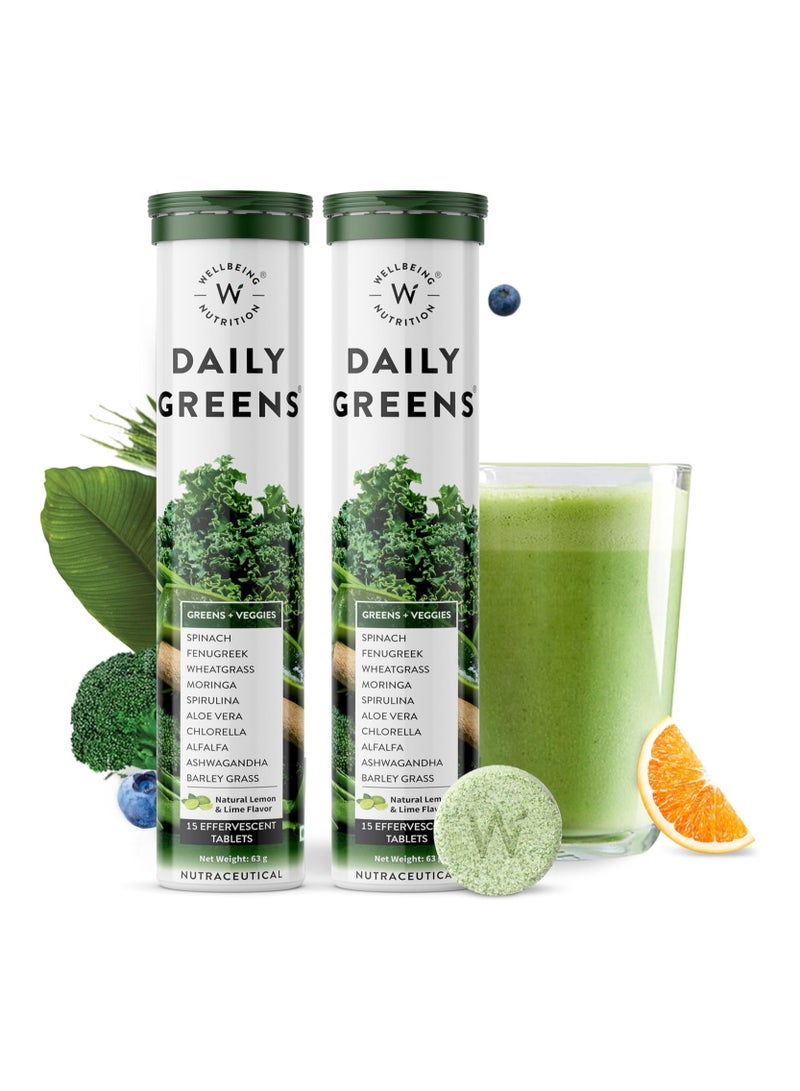 WELLBEING NUTRITION Daily Greens | Wholefood Multivitamins with Vitamin C, Zinc, B6 for Immunity & Detox with Organic Certified Plant Superfoods & Antioxidants (15 Effervescent Tablets) Pack of 2 - Image 1