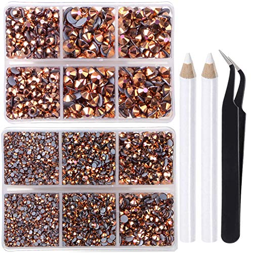 LPBeads 6400 Pieces Hotfix Rhinestones Rose Gold AB Flat Back 5 Mixed Sizes Crystal Round Glass Gems with Tweezers and Picking Rhinestones Pen - Image 1