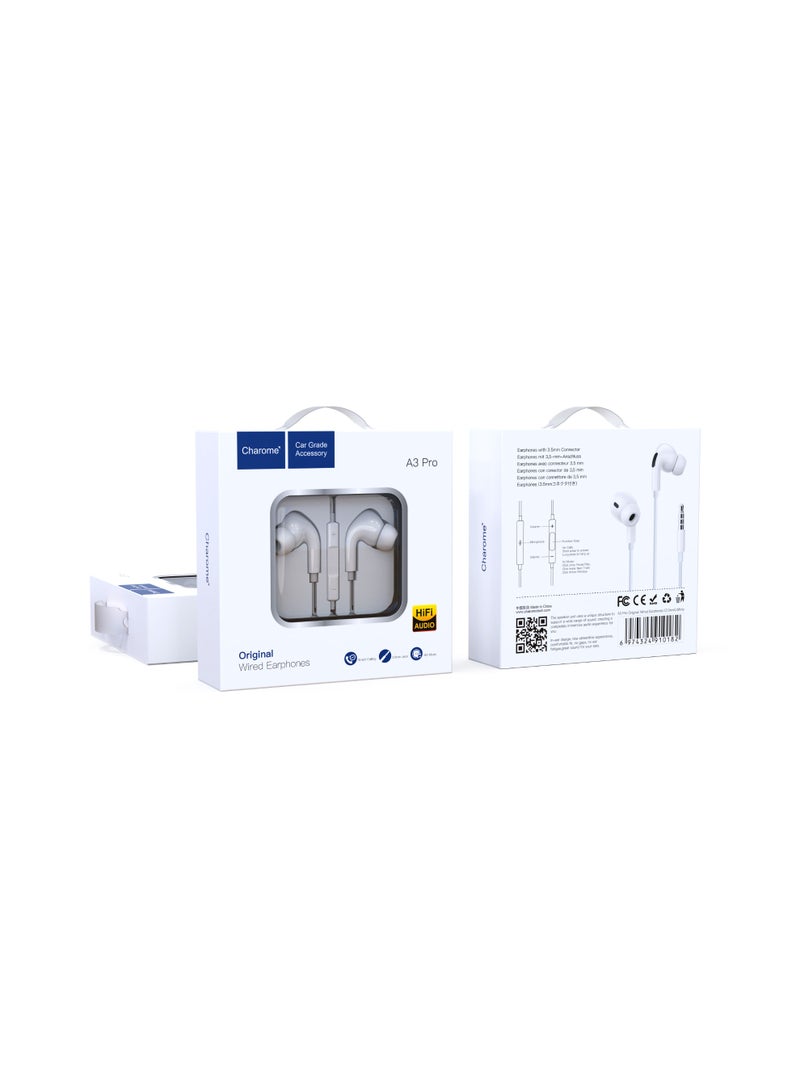 Charome A3 Pro Original Wired Earphone with Mic and 3.5mm Jack – White - Image 2