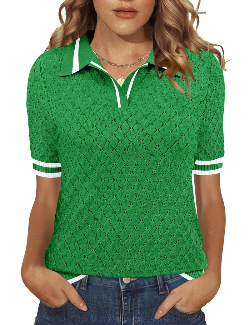 Rapbin Womens Callared V Neck Sweaters Casual Work Shirts Summer Polo Knit Pullover(Green Block White, Large) - Image 1
