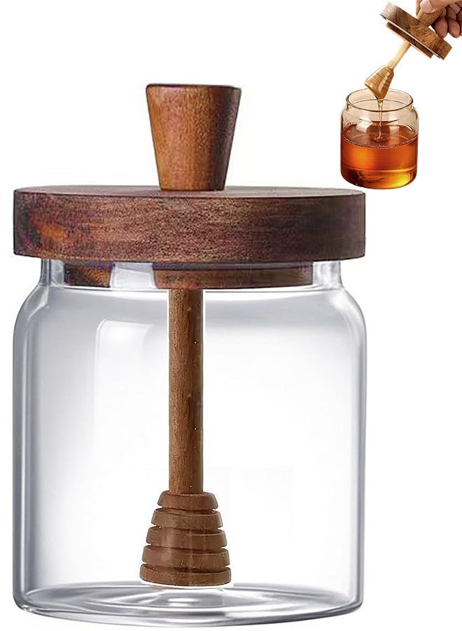 Glass Honey Jar with Dipper and Lid, 17 OZ Airtight Honeypot with Acacia Wood Lid, Coffee Syrup Dispenser, Round Honey Storage Container - Image 1