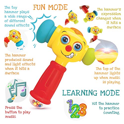 Stone and Clark Toy Hammer w/Lights, Learning Mode and Music Mode – Baby Hammer Toy Plays 6 Short Kids' Songs, Counts 1-10 w/Baby, Changes Funny Expressions and Lights Up – for Kids 12 Months and Older - Image 4
