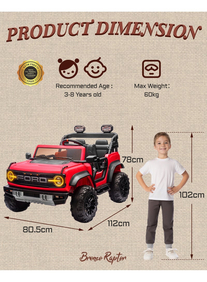 First Ride On Licensed Ford Bronco 24 Volt Ride on Toys for Boys & Girls, Jeep Kids Electric Car with Remote Control, Kids Ride on Jeep with 4 Wheels Suspension, Led Lights, Safety Belt (Red) - Image 2
