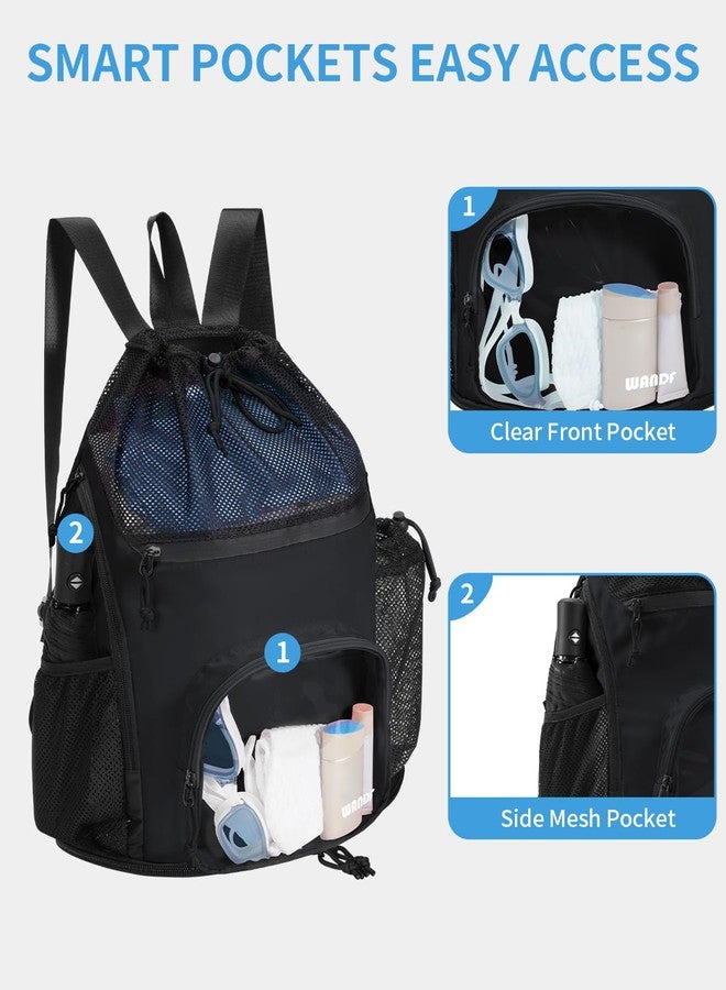 WANDF Swim Bag with Wet Pockets, Sandproof Beach Backpack with 40oz Tumbler Side Pockets, Mesh Drawstring Backpack Swim Bag for Swimming, Pool, Gym and Workout Gear (Black) - Image 5