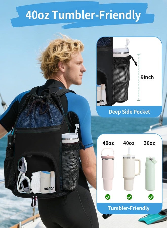 WANDF Swim Bag with Wet Pockets, Sandproof Beach Backpack with 40oz Tumbler Side Pockets, Mesh Drawstring Backpack Swim Bag for Swimming, Pool, Gym and Workout Gear (Black) - Image 2