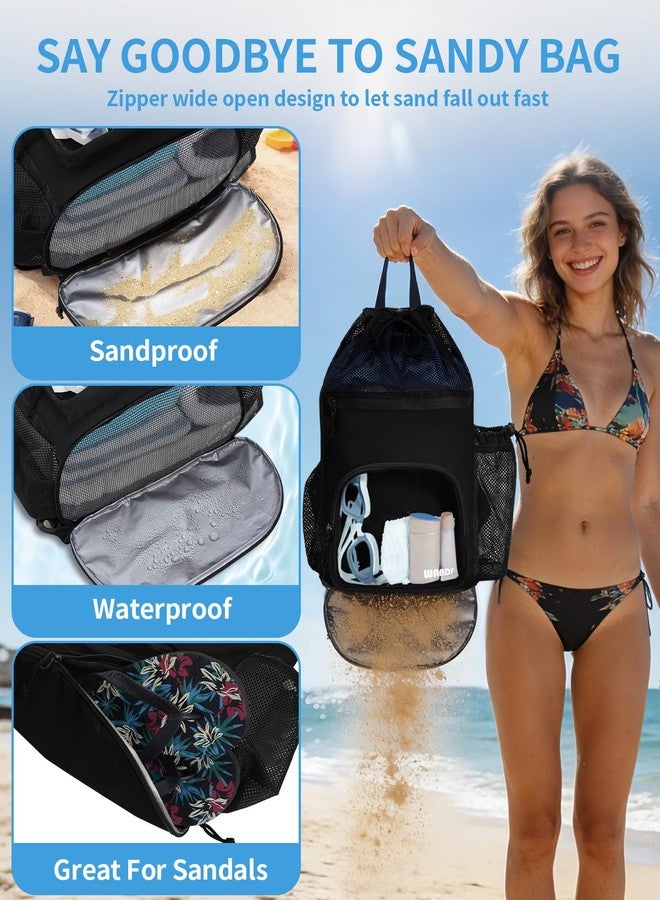 WANDF Swim Bag with Wet Pockets, Sandproof Beach Backpack with 40oz Tumbler Side Pockets, Mesh Drawstring Backpack Swim Bag for Swimming, Pool, Gym and Workout Gear (Black) - Image 4