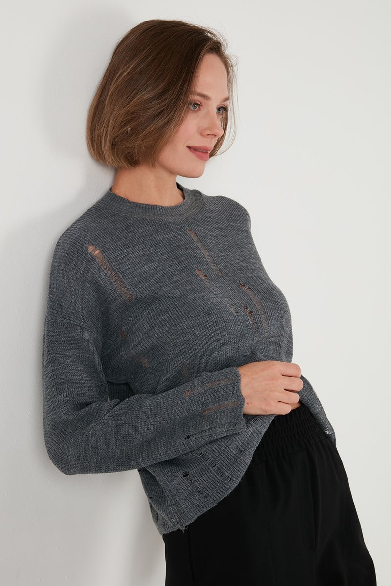 Lela Crew Neck Ripped Patterned Knitwear Sweater Women's Sweater 4616168  - Image 2