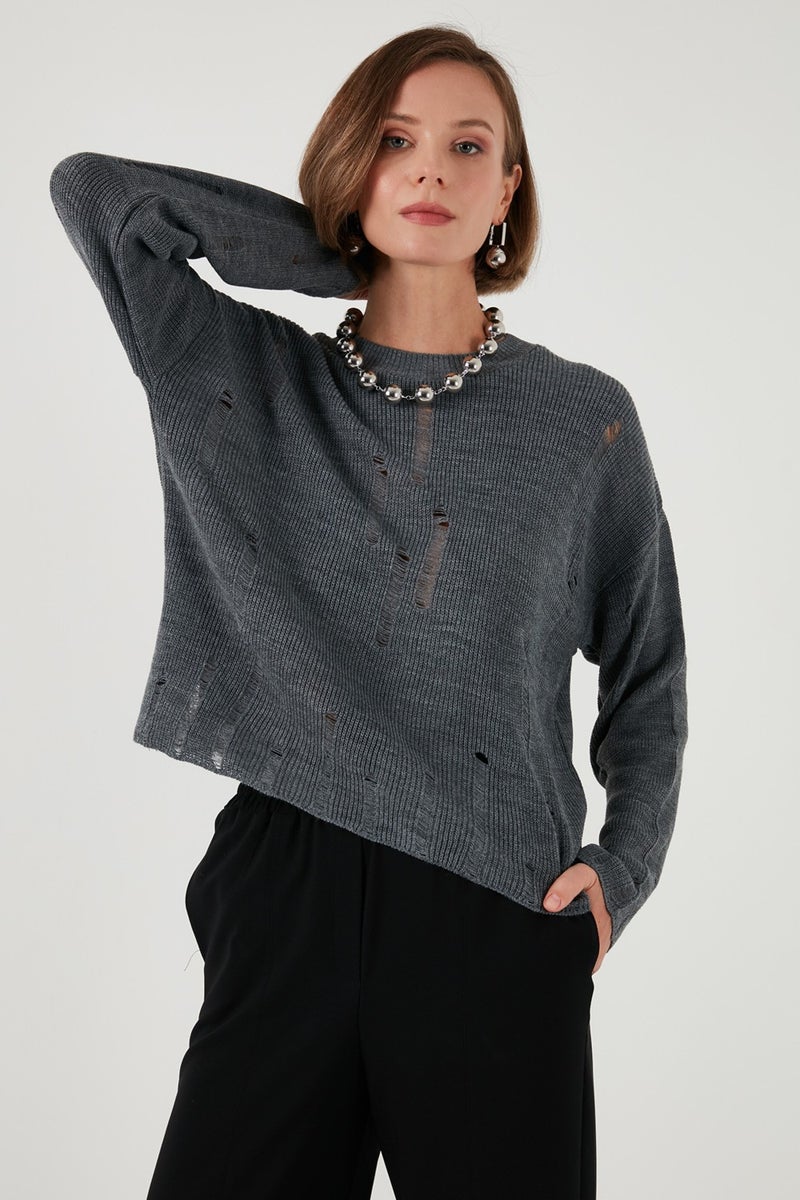 Lela Crew Neck Ripped Patterned Knitwear Sweater Women's Sweater 4616168  - Image 1