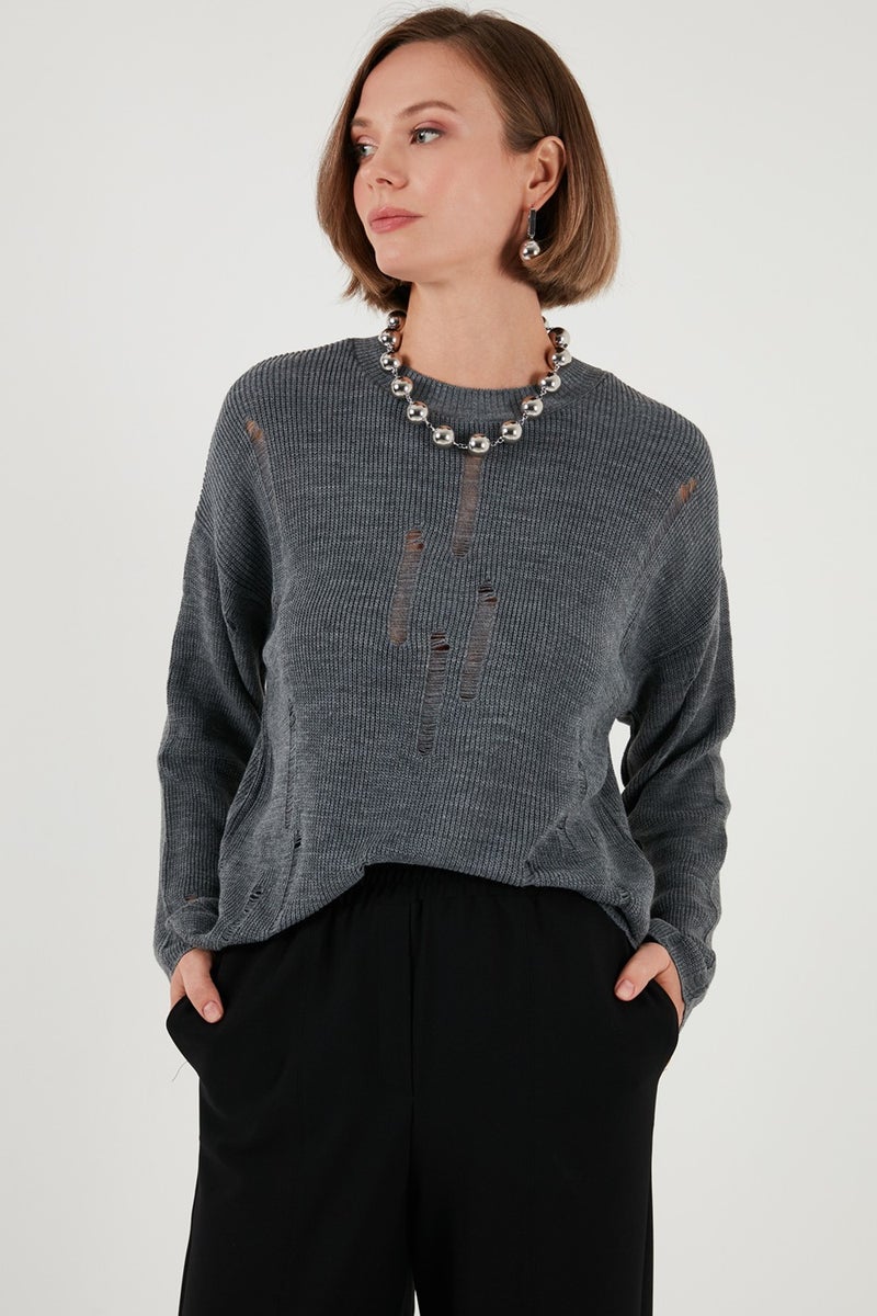 Lela Crew Neck Ripped Patterned Knitwear Sweater Women's Sweater 4616168  - Image 3