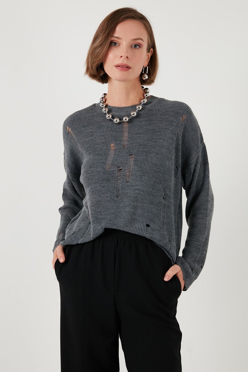 Lela Crew Neck Ripped Patterned Knitwear Sweater Women's Sweater 4616168  - Image 5