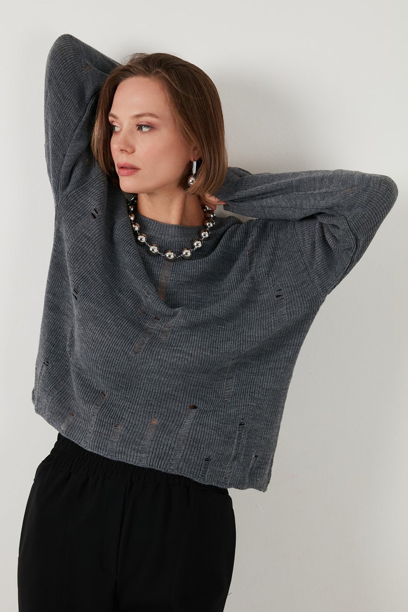 Lela Crew Neck Ripped Patterned Knitwear Sweater Women's Sweater 4616168  - Image 4