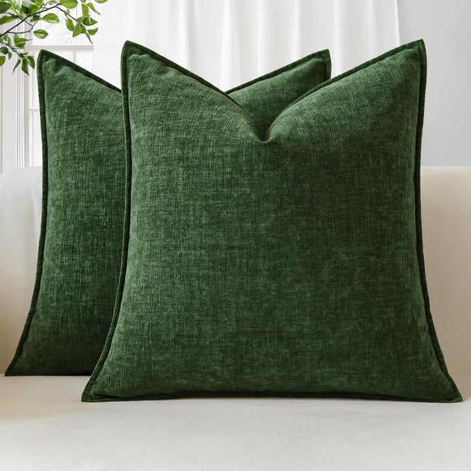 SET OF 2 SOFT CHENILLE CUSHION COVERS 45X45CM SQUARE DECORATIVE THROW PILLOW COVERS WITH STITCHED EDGE SOLID DYED PILLOW CASES COVERS FOR HOME DECOR COUCH SOFA BED LIVING ROOM GREEN