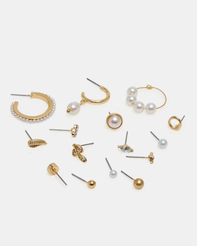 REDTAG Women Gold 15 Piece Stud Earrings Set