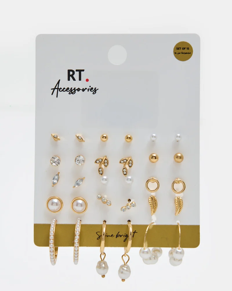 REDTAG Women Gold 15 Piece Stud Earrings Set