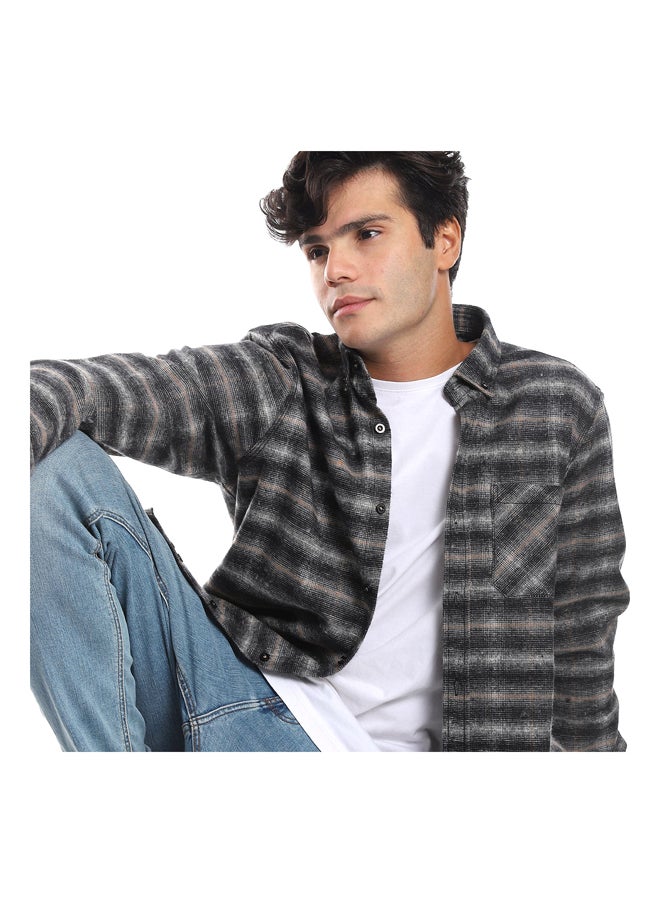 Andora - Plaids Black, Grey & Camel Button Down Shirt_Black, Grey & Camel - Image 1
