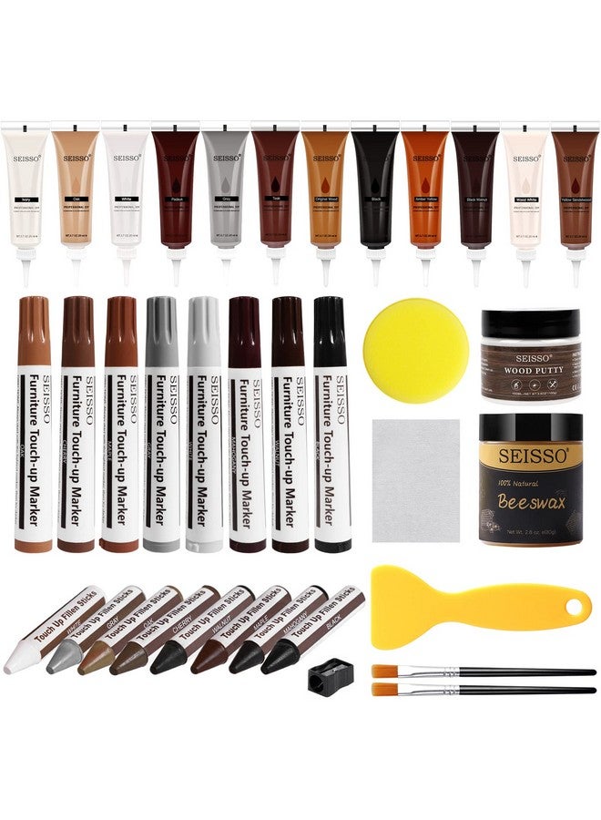 سيسو مجموعة إصلاح الأثاث الخشبي من SEISSO، 12 لونًا من حشو الخشب، معجون الخشب مع شمع العسل، أقلام تلوين الأثاث مع أقلام تلوين خشبية، مجموعة إصلاح الأرضيات الخشبية للبقع والخدوش والشقوق والثقوب - Image 1