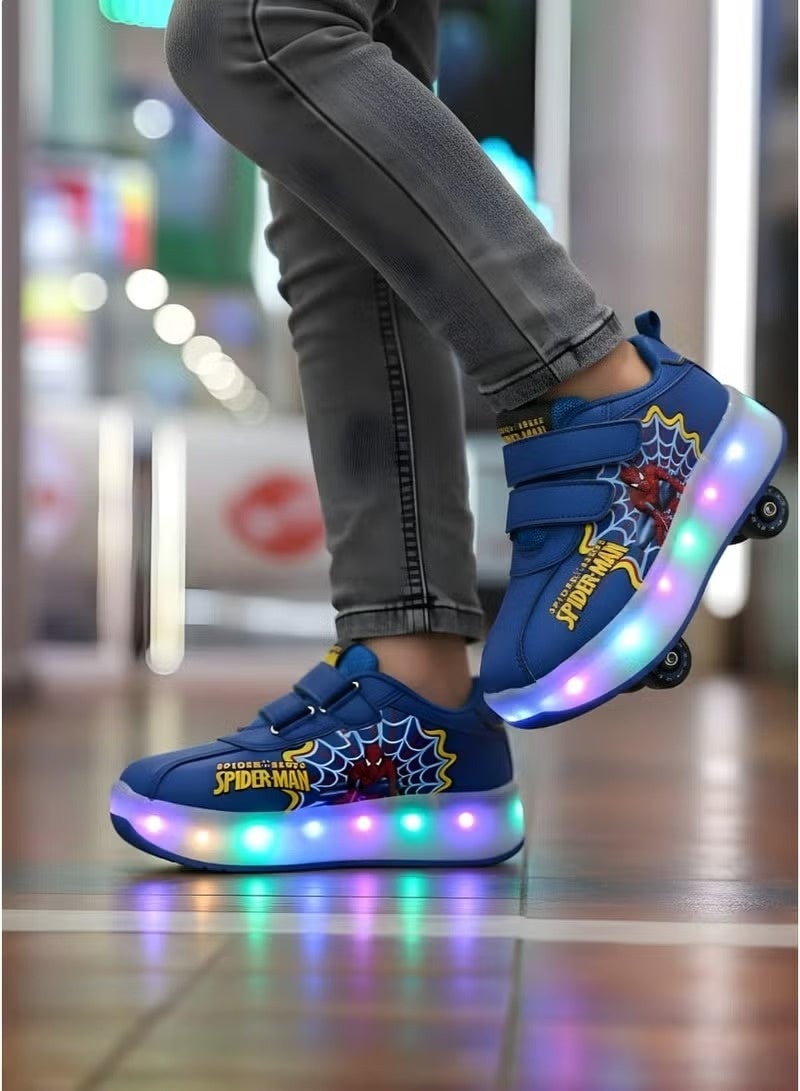 SPIDERMAN Kids Retractable Roller Skates Shoes with LED Light Up Wheels - 2-in-1 Double Row Pulley Sneakers Size 28 - Image 2