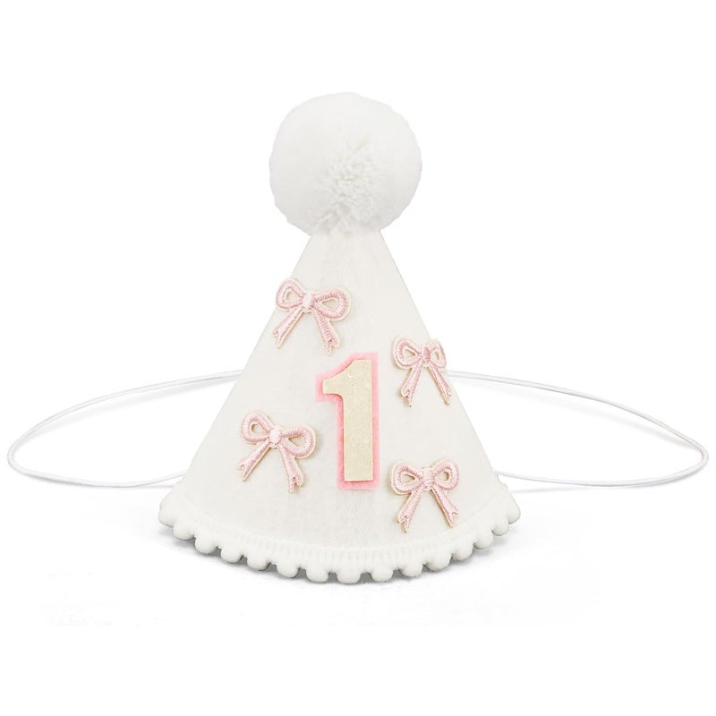 PEUTIER PEUTIER Pink Bow White Cone Hat - First Birthday Party Decorations, Cute Party Hats for Baby Girls  - Image 1