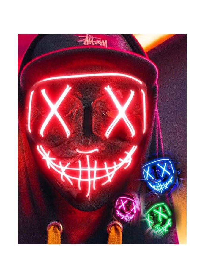 قناع ليزبر للهالوين، قناع مضيء ليد مع سلك نيون، قناع مخيف للهاكر للهالوين، قناع متوهج في الظلام مع 3 أوضاع إضاءة، قناع متوهج مجهول للأولاد والبنات والنساء، أحمر - Image 2