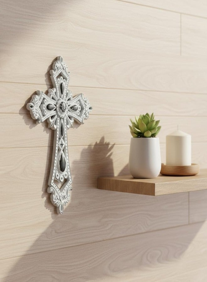 Comfy Hour صليب جداري مجوف مزخرف من كومفي آور، مقاس 13.8 بوصة، لوحة دينية ريفية بيضاء على الطراز الفيكتوري، قطعة فنية جدارية روحانية مصنوعة يدويًا للمنزل أو المكتب، منحوتة من مادة البولي ريزين، قطعة واحدة - Image 3