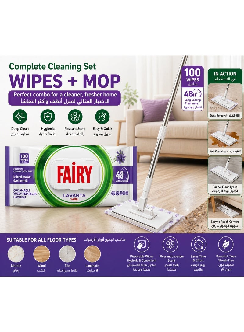 Fairy Flat Mop with Fairy 100 Cleaning Wipes Set, Floor Cleaning Mop with Refill Wipes, Multi-Surface Dust & Wet Cleaning System | Lavender | - Image 2