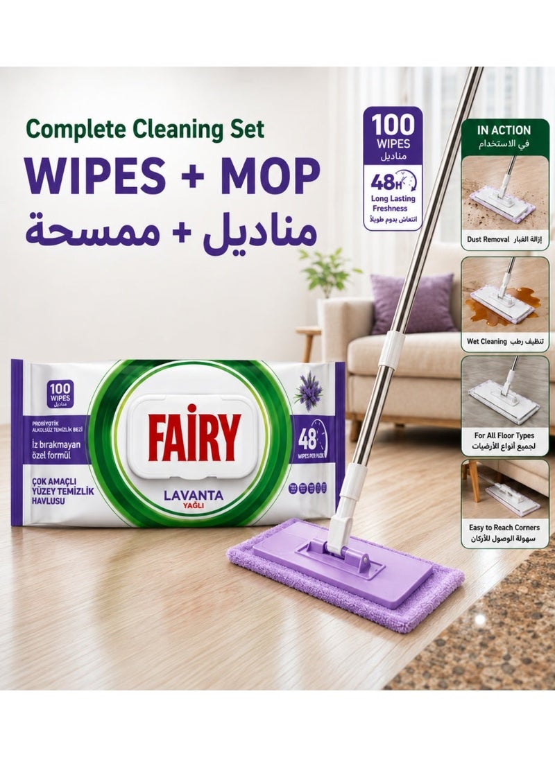 Fairy Flat Mop with Fairy 100 Cleaning Wipes Set, Floor Cleaning Mop with Refill Wipes, Multi-Surface Dust & Wet Cleaning System | Lavender | - Image 1