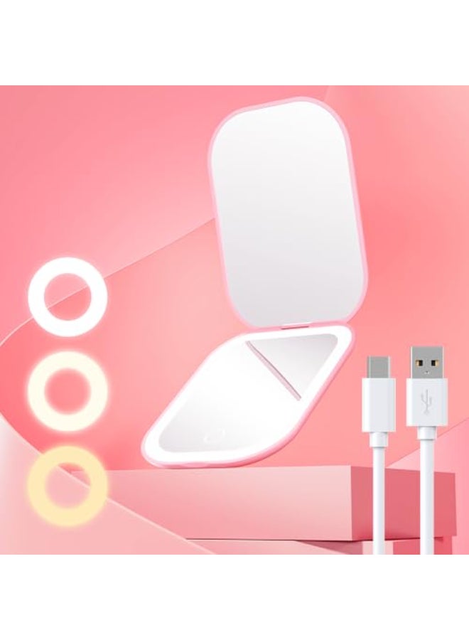 Gospire UltraSlim Lighted Travel Makeup Mirror with Lights and Magnification Rechargeable 3X Magnifying Mirror with 3 Light Colors Adjustable Brightness LED Compact Mirror for Purses Pink - Image 1