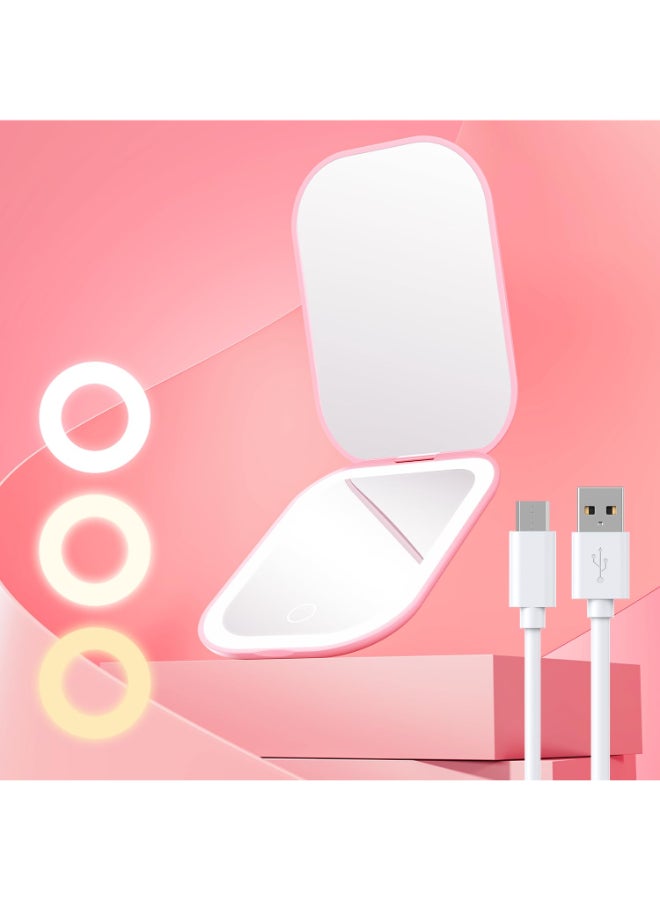 Gospire UltraSlim Lighted Travel Makeup Mirror with Lights and Magnification Rechargeable 3X Magnifying Mirror with 3 Light Colors Adjustable Brightness LED Compact Mirror for Purses Pink - Image 2