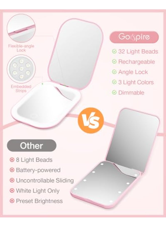 Gospire UltraSlim Lighted Travel Makeup Mirror with Lights and Magnification Rechargeable 3X Magnifying Mirror with 3 Light Colors Adjustable Brightness LED Compact Mirror for Purses Pink - Image 3