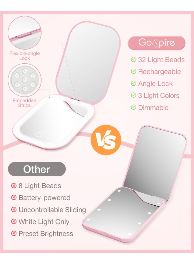 Gospire UltraSlim Lighted Travel Makeup Mirror with Lights and Magnification Rechargeable 3X Magnifying Mirror with 3 Light Colors Adjustable Brightness LED Compact Mirror for Purses Pink - Image 4