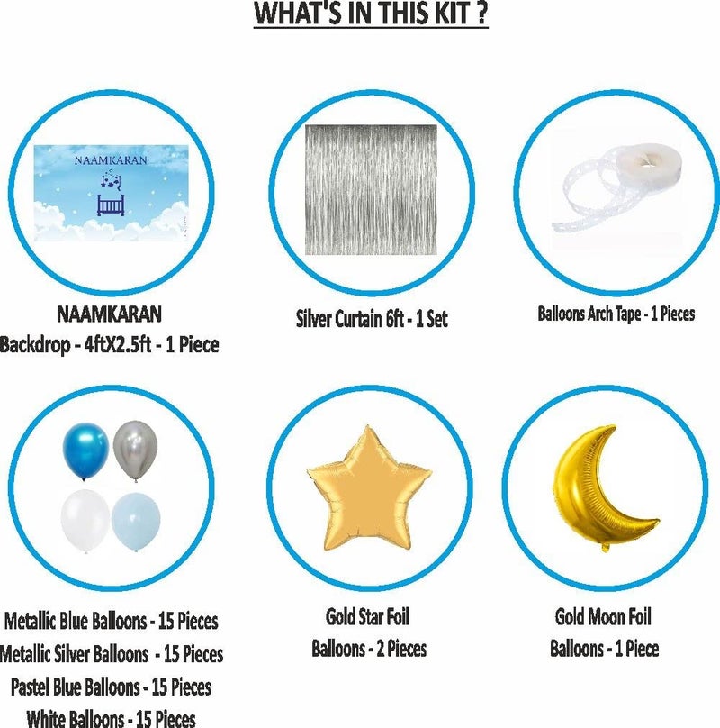 Untumble Naming Ceremony Decoration Kit For Baby Boy | Blue Namakaran Decoration | Banner + Silver Foil Curtain + 40 Balloons | Pack of 42 | Boy Baby Shower & Baptism Party Supplies - Image 2