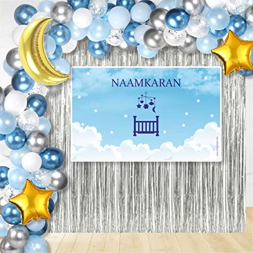 Untumble Naming Ceremony Decoration Kit For Baby Boy | Blue Namakaran Decoration | Banner + Silver Foil Curtain + 40 Balloons | Pack of 42 | Boy Baby Shower & Baptism Party Supplies - Image 1