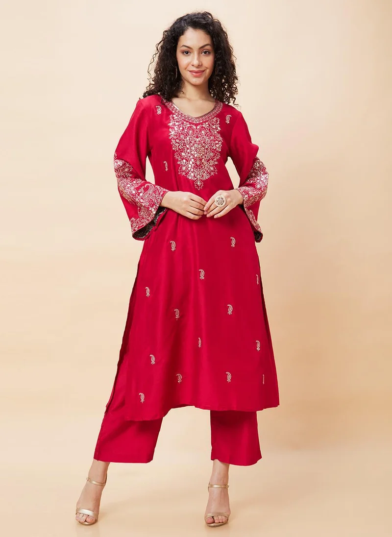 Globus red Globus Women Red Embroidered Flared Sleeve Kurta Set With Trouser for Women | Best Price UAE