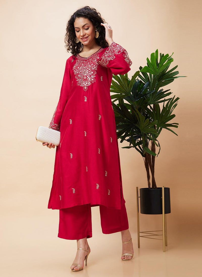 Globus Women Red Embroidered Flared Sleeve Kurta Set With Trouser - Image 1