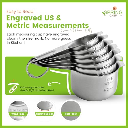 Spring Chef Stainless Steel Measuring Cups Set of 7 with Pour Spout - Nesting Kitchen Tools with Easy Read Markings to Measure Dry or Liquid Ingredients - Metal Measuring Cups for Baking & Cooking - Image 4