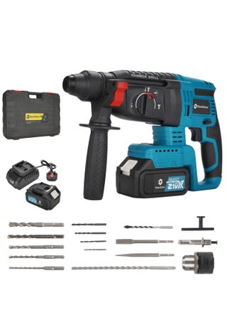 Cordless Electric Hammer Drill, 21V High Power, With 17pcs Accessories Bit Set, for Concrete & Wood Drilling, With Two Lithium Batteries-Blue Color