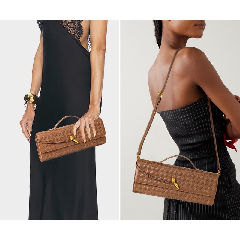Joryin Woven Purse For Women Evening Clutch Woven Leather Handbags Crossbody Bag Suede Purse Formal Evening Bag, Chestnut - Image 2