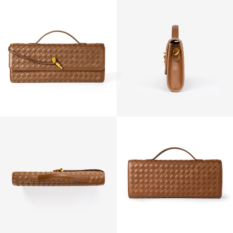 Joryin Woven Purse For Women Evening Clutch Woven Leather Handbags Crossbody Bag Suede Purse Formal Evening Bag, Chestnut - Image 3