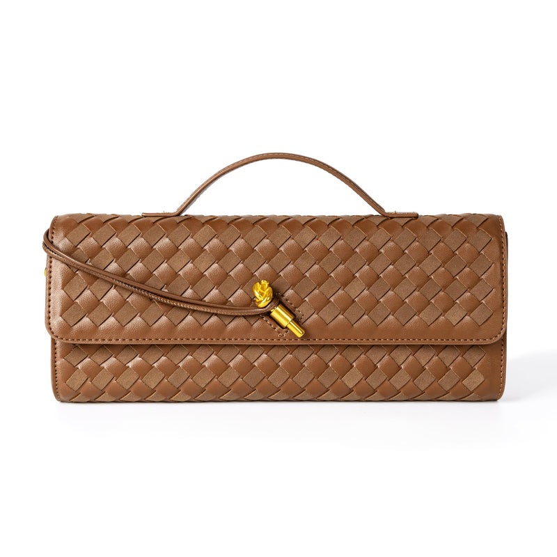 Joryin Woven Purse For Women Evening Clutch Woven Leather Handbags Crossbody Bag Suede Purse Formal Evening Bag, Chestnut - Image 1