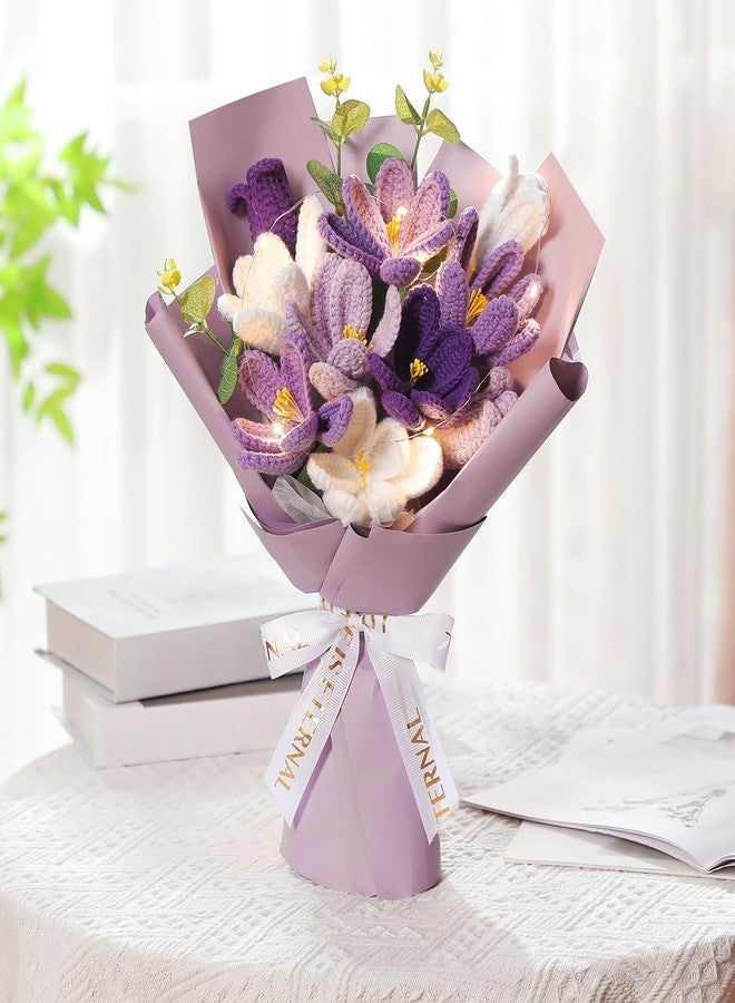 Juinte Mothers Day Crochet Flowers Bouquet Gift Completed Handmade Knitted Flowers with LED Lights Tulips Bouquet Gift for Mother Day Women Birthday Graduation Wedding Home(Purple) - Image 3