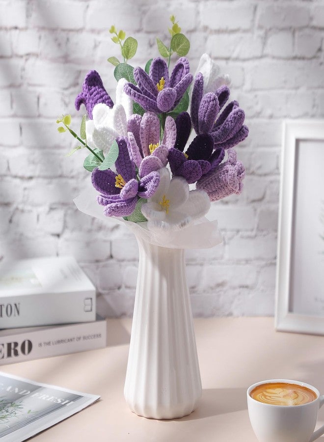 Juinte Mothers Day Crochet Flowers Bouquet Gift Completed Handmade Knitted Flowers with LED Lights Tulips Bouquet Gift for Mother Day Women Birthday Graduation Wedding Home(Purple) - Image 4