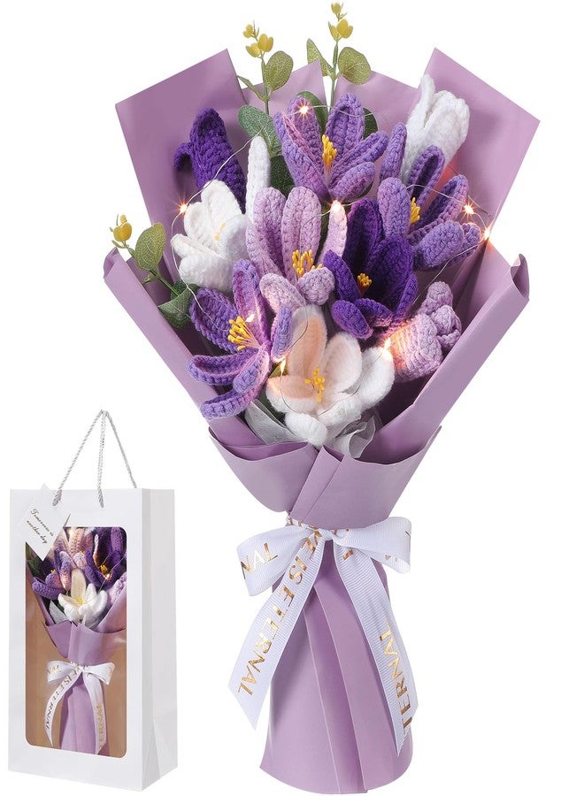 Juinte Mothers Day Crochet Flowers Bouquet Gift Completed Handmade Knitted Flowers with LED Lights Tulips Bouquet Gift for Mother Day Women Birthday Graduation Wedding Home(Purple) - Image 1