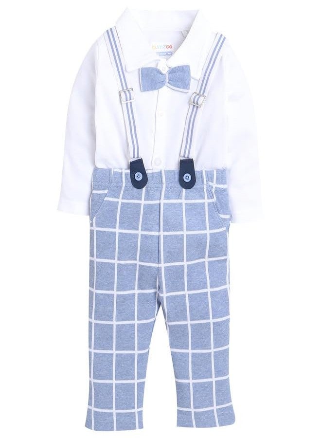 BUMZEE Sky Blue & White Boys Full Sleeves Shirt Pant Set With Suspender & Cap Age - 12-18 Months (Peb8582D-sbl.wht) - Image 1