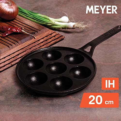 Meyer Pre Seasoned Cast Iron 7 Cavity Appam Patra Paniyarakkal | Paniyaram | Appam Pan | Pan Cake Maker | Appam Maker | Ponganal Maker | Kuzhi | Paddu Tawa Single Handle, 20cm (Black) - Image 2