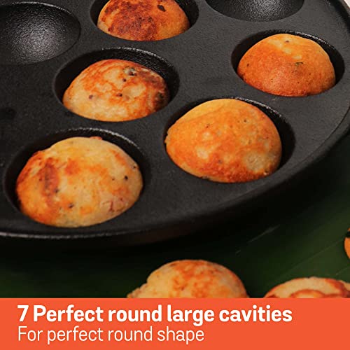 Meyer Pre Seasoned Cast Iron 7 Cavity Appam Patra Paniyarakkal | Paniyaram | Appam Pan | Pan Cake Maker | Appam Maker | Ponganal Maker | Kuzhi | Paddu Tawa Single Handle, 20cm (Black) - Image 4