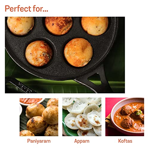 Meyer Pre Seasoned Cast Iron 7 Cavity Appam Patra Paniyarakkal | Paniyaram | Appam Pan | Pan Cake Maker | Appam Maker | Ponganal Maker | Kuzhi | Paddu Tawa Single Handle, 20cm (Black) - Image 3