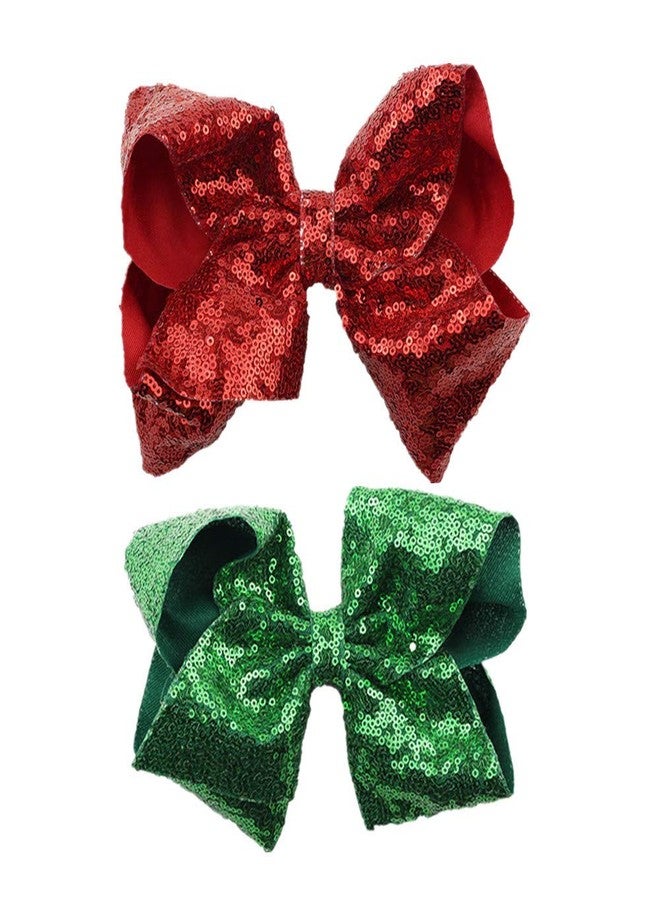 IRIDESCENT Party Hair Bows Clips 2pcs Large Bling Sparkly Glitter Sequins Alligator Nylon Mesh Ribbon Bowknot Hairpins for Baby Girls Kids Children Christmas Red Green - Image 1