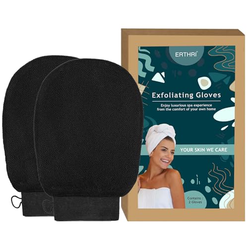Erthri Body Exfoliating Glove | Pure Viscose Fibre Body Exfoliator Glove | Double-layered Exfoliating Gloves For Dead Skin | Bathing gloves Tan Removal For Face And Body (Black) (Pack of 2) - Image 1