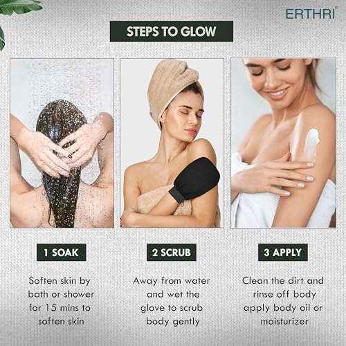 Erthri Body Exfoliating Glove | Pure Viscose Fibre Body Exfoliator Glove | Double-layered Exfoliating Gloves For Dead Skin | Bathing gloves Tan Removal For Face And Body (Black) (Pack of 2) - Image 4